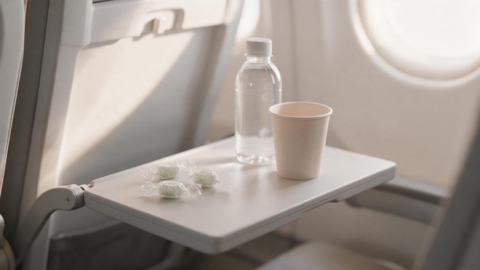 機内のテーブルに用意した飴と飲み物（イメージ）